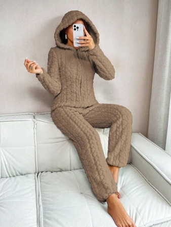 1 Piece Solid Color Jacquard Fluffy Zipper Front Hooded Jumpsuit Loungewear, For Fall Winter, Cozy Outfit - Image 12