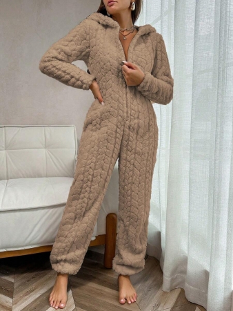 1 Piece Solid Color Jacquard Fluffy Zipper Front Hooded Jumpsuit Loungewear, For Fall Winter, Cozy Outfit - Image 13