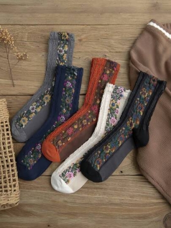 5 Pairs Women's Vintage Floral Knitted Socks - Bohemian Style Crew Socks For Autumn Winter, Warm Comfortable Boot Socks With Design, Perfect Match For Boots & Dresses, Ideal Festival Gift