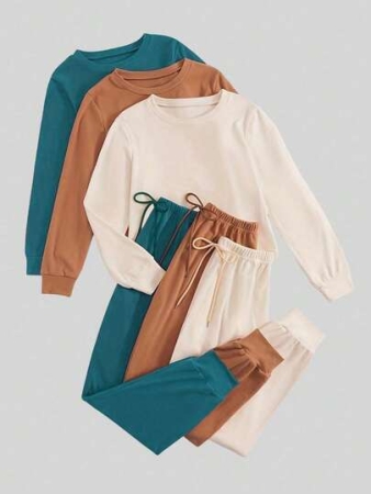 3pcs Women Pajama Set: Long Sleeve Crew Neck Top And Comfortable Drawstring Pants - Easy Care, Knit Fabric, Suitable For Spring, Autumn, Winter, Casual Outings And Lounging, Cozy Outfit, Fall Clothes