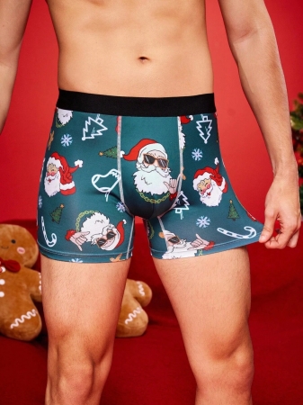 NotGurli Christmas Funny Print Cartoon Quirky Santa Claus, Gift Box, Candy Cane, Bells, Snowflakes, Snowman, Family Party Men's Mid-Length Boxer Briefs - Image 2