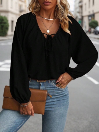 Auvina Plus Size Women's Front-Tied Lantern Sleeve Blouse Fall Cloth For Women - Image 11