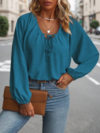 Auvina Plus Size Women's Front-Tied Lantern Sleeve Blouse Fall Cloth For Women - Image 32