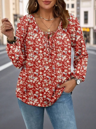 Auvina Plus Size Women's Front-Tied Lantern Sleeve Blouse Fall Cloth For Women - Image 90