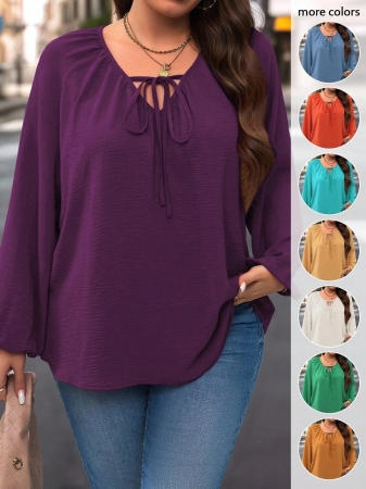 Auvina Plus Size Women's Front-Tied Lantern Sleeve Blouse Fall Cloth For Women - Image 95