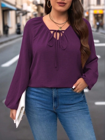 Auvina Plus Size Women's Front-Tied Lantern Sleeve Blouse Fall Cloth For Women - Image 97