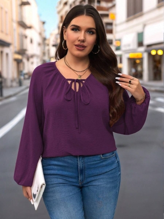 Auvina Plus Size Women's Front-Tied Lantern Sleeve Blouse Fall Cloth For Women - Image 98