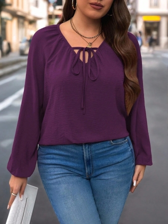 Auvina Plus Size Women's Front-Tied Lantern Sleeve Blouse Fall Cloth For Women - Image 99