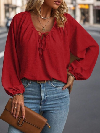 Auvina Plus Size Women's Front-Tied Lantern Sleeve Blouse Fall Cloth For Women - Image 101