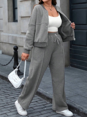 Easura 2pcs Plus Size Casual Zip-Front Top And Drawstring Pants Set Fall Cloth For Women - Image 2