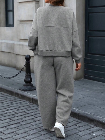 Easura 2pcs Plus Size Casual Zip-Front Top And Drawstring Pants Set Fall Cloth For Women - Image 3