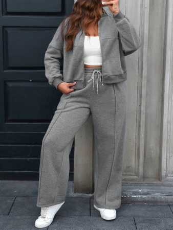 Easura 2pcs Plus Size Casual Zip-Front Top And Drawstring Pants Set Fall Cloth For Women - Image 4