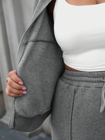 Easura 2pcs Plus Size Casual Zip-Front Top And Drawstring Pants Set Fall Cloth For Women - Image 9