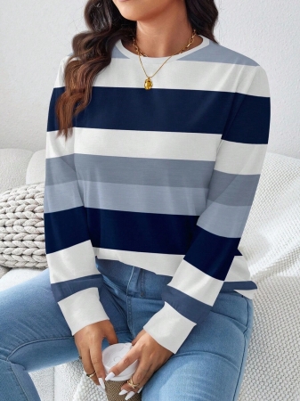 SHEIN LUNE Plus Size Women Casual Striped Pattern Loose Round Neck Long Sleeve T-Shirt, Autumn/Winter - Image 2