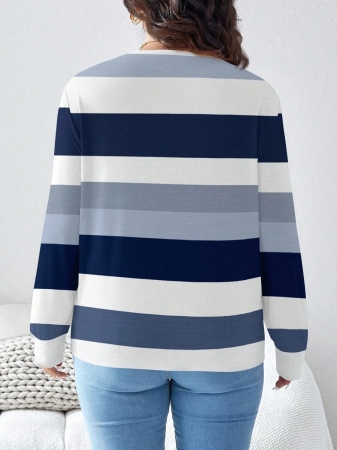 SHEIN LUNE Plus Size Women Casual Striped Pattern Loose Round Neck Long Sleeve T-Shirt, Autumn/Winter - Image 3