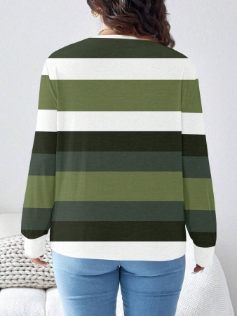 SHEIN LUNE Plus Size Women Casual Striped Pattern Loose Round Neck Long Sleeve T-Shirt, Autumn/Winter - Image 8
