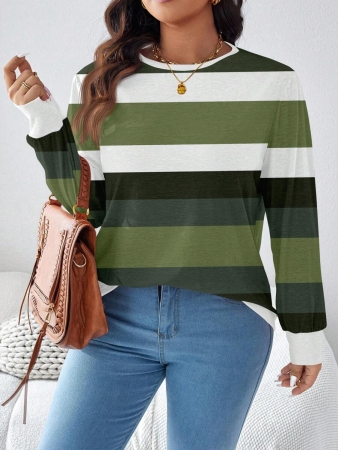 SHEIN LUNE Plus Size Women Casual Striped Pattern Loose Round Neck Long Sleeve T-Shirt, Autumn/Winter - Image 10