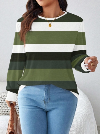 SHEIN LUNE Plus Size Women Casual Striped Pattern Loose Round Neck Long Sleeve T-Shirt, Autumn/Winter - Image 11