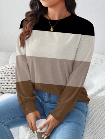 SHEIN LUNE Plus Size Women Casual Striped Pattern Loose Round Neck Long Sleeve T-Shirt, Autumn/Winter - Image 13