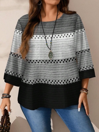 EMERY ROSE Plus Size Women Casual All-Over Print Round Neck Loose 3/4 Sleeve Shirt, Autumn/Winter Knitted Tops For Women - Image 4