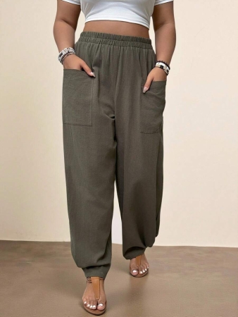 Freevana Plus Size Casual Elastic Waist Pocketed Tapered Leg Pants - Image 11