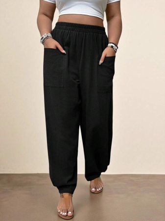 Freevana Plus Size Casual Elastic Waist Pocketed Tapered Leg Pants - Image 22