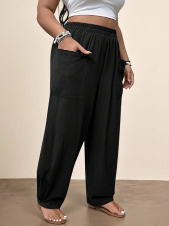 Freevana Plus Size Casual Elastic Waist Pocketed Tapered Leg Pants - Image 23