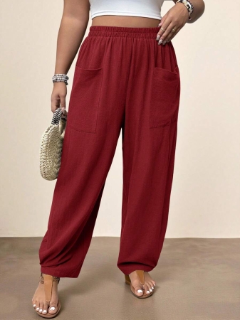 Freevana Plus Size Casual Elastic Waist Pocketed Tapered Leg Pants - Image 28