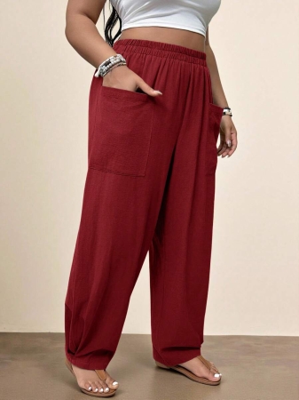 Freevana Plus Size Casual Elastic Waist Pocketed Tapered Leg Pants - Image 30