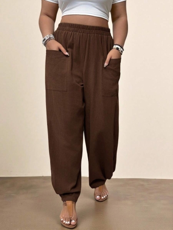 Freevana Plus Size Casual Elastic Waist Pocketed Tapered Leg Pants - Image 56