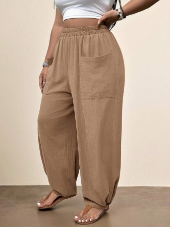 Freevana Plus Size Casual Elastic Waist Pocketed Tapered Leg Pants - Image 60