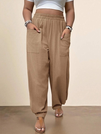 Freevana Plus Size Casual Elastic Waist Pocketed Tapered Leg Pants - Image 62