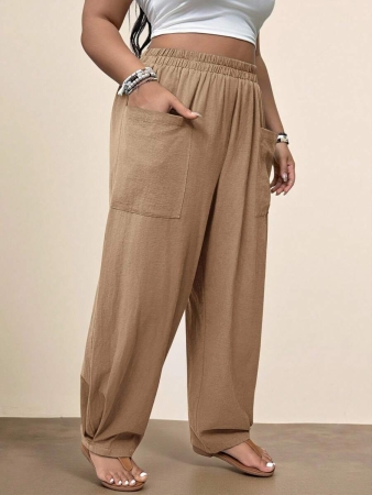 Freevana Plus Size Casual Elastic Waist Pocketed Tapered Leg Pants - Image 63