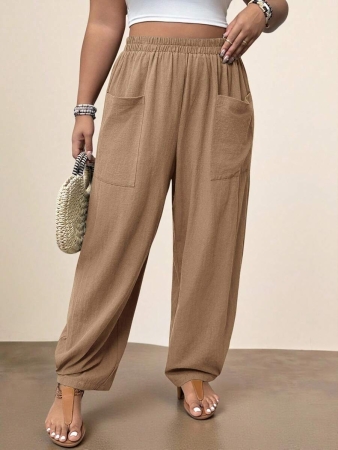 Freevana Plus Size Casual Elastic Waist Pocketed Tapered Leg Pants - Image 64