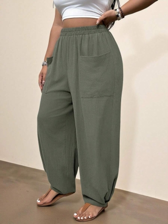 Freevana Plus Size Casual Elastic Waist Pocketed Tapered Leg Pants - Image 66