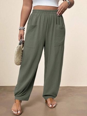 Freevana Plus Size Casual Elastic Waist Pocketed Tapered Leg Pants - Image 68