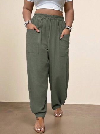 Freevana Plus Size Casual Elastic Waist Pocketed Tapered Leg Pants - Image 69