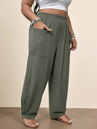 Freevana Plus Size Casual Elastic Waist Pocketed Tapered Leg Pants - Image 70