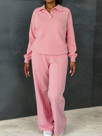 Plus Size Women 2 Pieces Outfit, Casual Sweatshirt And Wide Leg Pants Set, Pink, Suitable For Autumn/Winter, School, Outings - Image 2