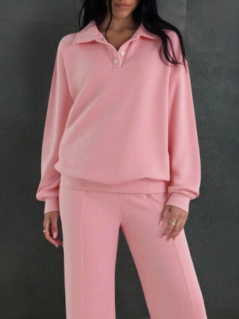 Plus Size Women 2 Pieces Outfit, Casual Sweatshirt And Wide Leg Pants Set, Pink, Suitable For Autumn/Winter, School, Outings - Image 3