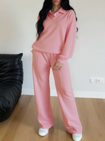 Plus Size Women 2 Pieces Outfit, Casual Sweatshirt And Wide Leg Pants Set, Pink, Suitable For Autumn/Winter, School, Outings - Image 4