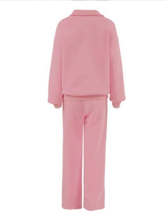 Plus Size Women 2 Pieces Outfit, Casual Sweatshirt And Wide Leg Pants Set, Pink, Suitable For Autumn/Winter, School, Outings - Image 5
