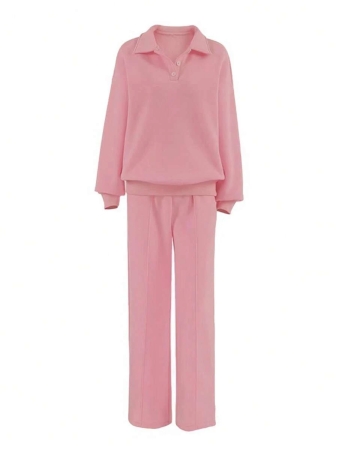 Plus Size Women 2 Pieces Outfit, Casual Sweatshirt And Wide Leg Pants Set, Pink, Suitable For Autumn/Winter, School, Outings - Image 6