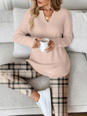 EMERY ROSE 2pcs/Set Women Plus Size Casual Plaid Contrast Color Long Sleeve T-Shirt And Skinny Leggings, Autumn Outfit Fall Winter Comfortable Outfits For Women