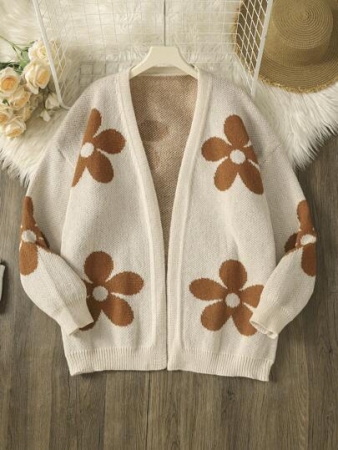 Plus Size Women Floral Jacquard Knit Cardigan, Versatile Long Sleeve, Suitable For Autumn/Winter