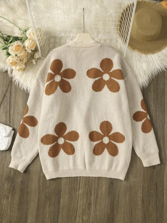 Plus Size Women Floral Jacquard Knit Cardigan, Versatile Long Sleeve, Suitable For Autumn/Winter - Image 3