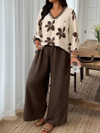 Weeklong Plus Size Floral Print V-Neck Long Sleeve Top And Solid Color Wide Leg Pants 2 Pieces Set