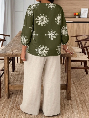 Weeklong Plus Size Floral Print V-Neck Long Sleeve Top And Solid Color Wide Leg Pants 2 Pieces Set - Image 8