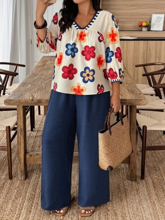 Weeklong Plus Size Floral Print V-Neck Long Sleeve Top And Solid Color Wide Leg Pants 2 Pieces Set - Image 64