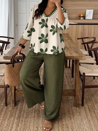 Weeklong Plus Size Floral Print V-Neck Long Sleeve Top And Solid Color Wide Leg Pants 2 Pieces Set - Image 91